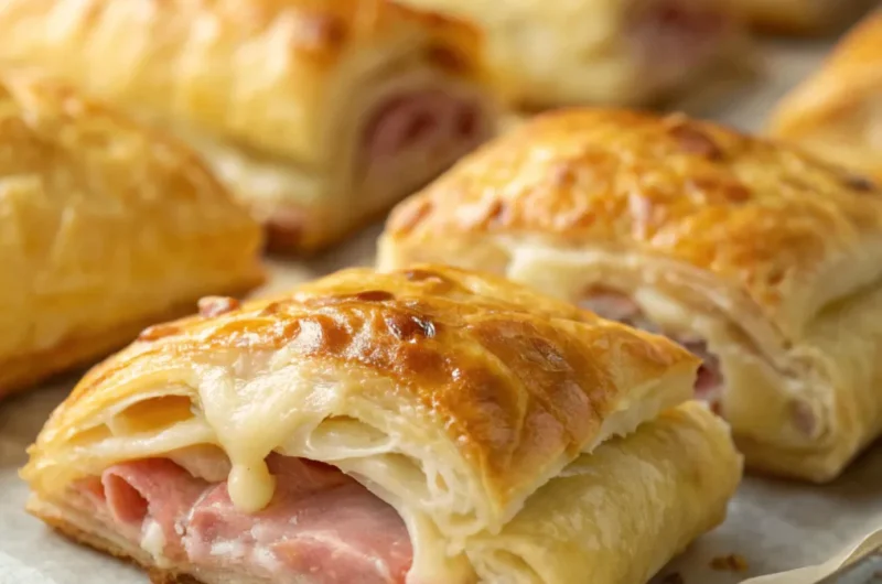 Knusprige gefüllte Blätterteigtaschen mit Schinken-Käse auf Holzbrett serviert