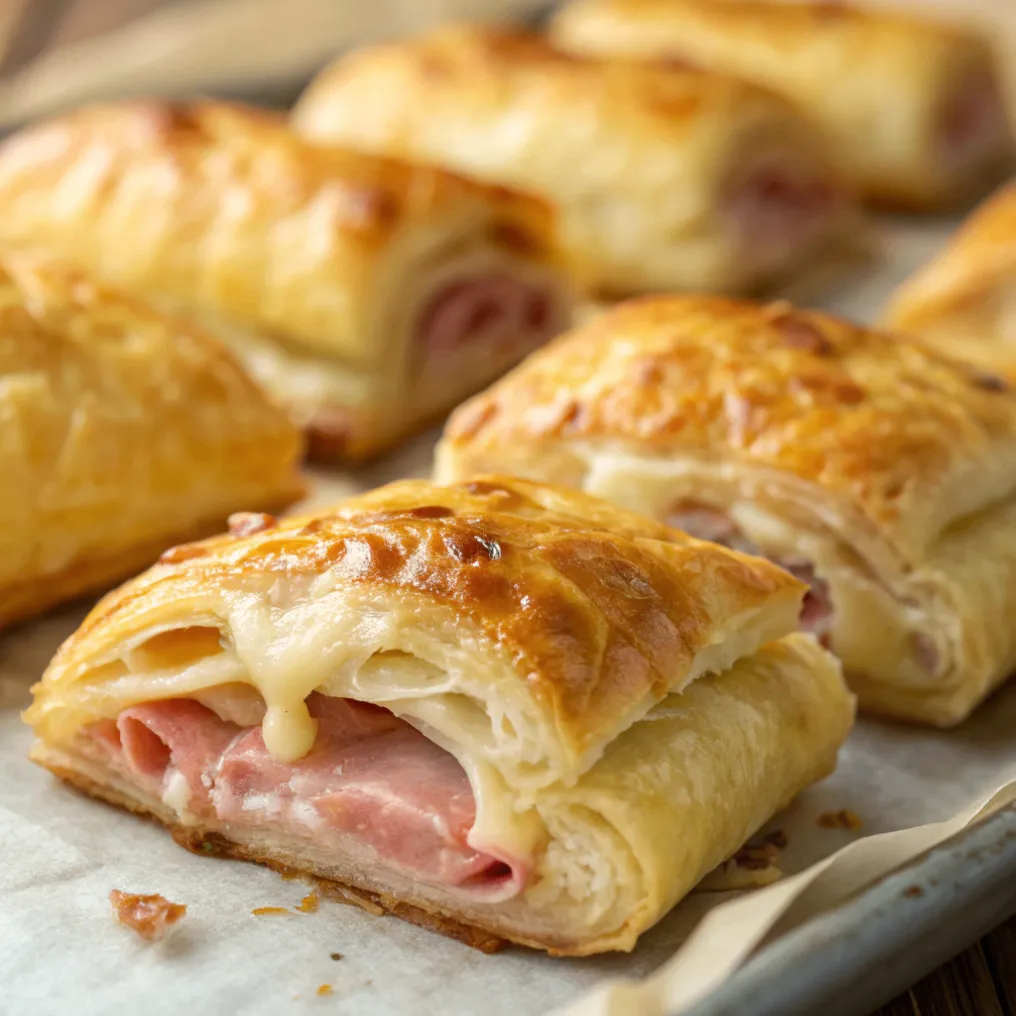 Knusprige gefüllte Blätterteigtaschen mit Schinken-Käse auf Holzbrett serviert