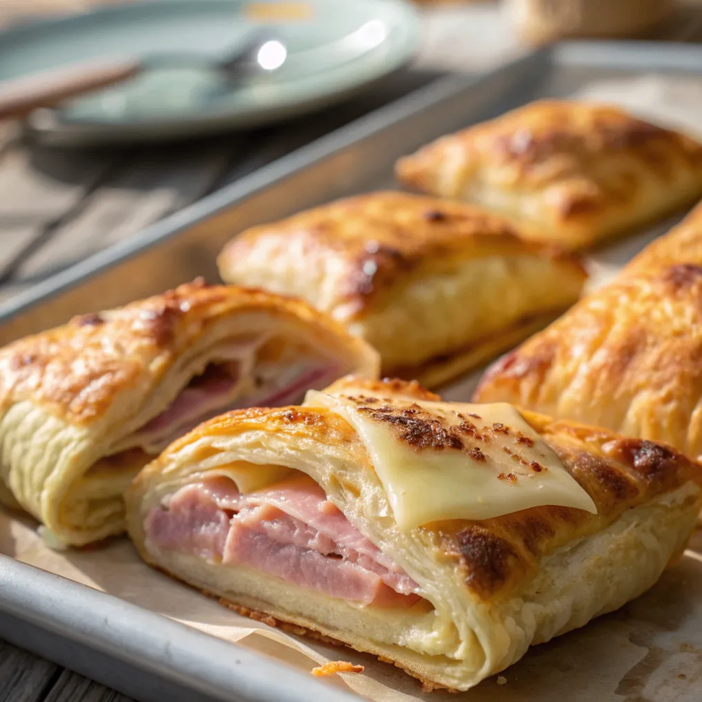 Knusprige gefüllte Blätterteigtaschen mit Schinken-Käse auf Holzbrett serviert