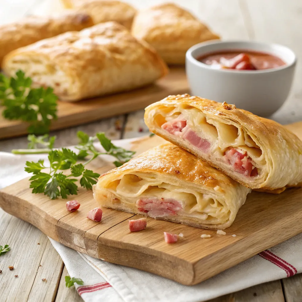 Knusprige gefüllte Blätterteigtaschen mit Schinken-Käse auf Holzbrett serviert