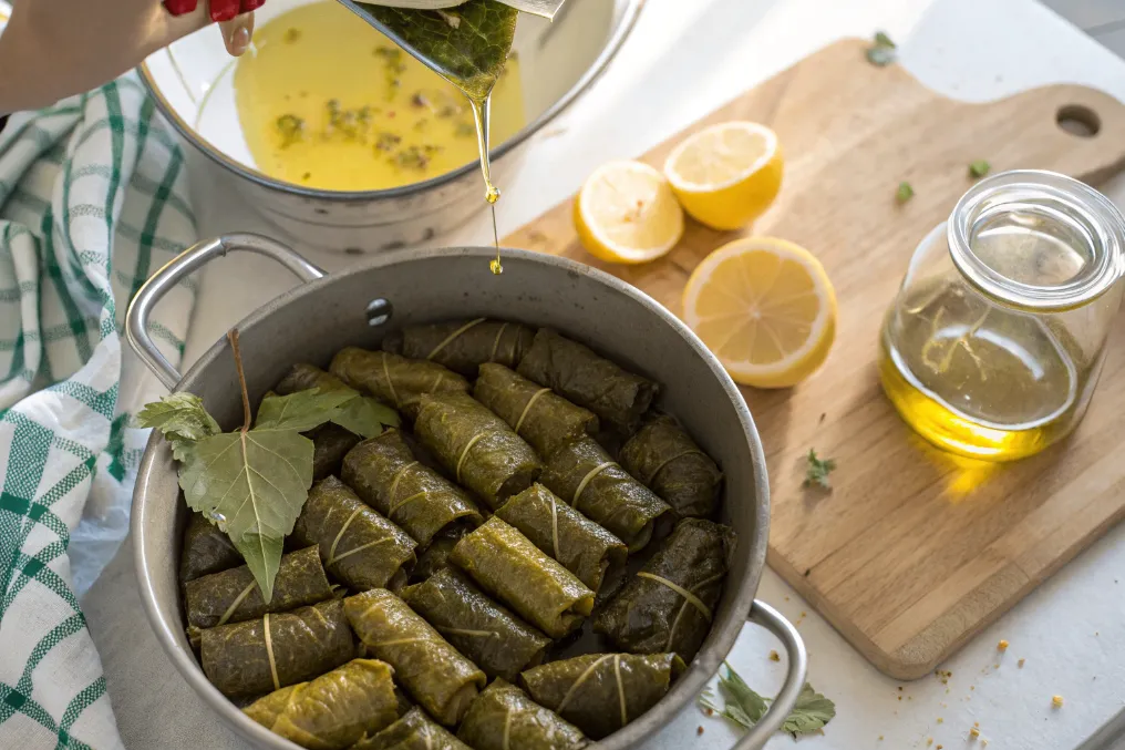 Gefüllte Weinblätter werden dicht in einem Topf geschichtet und mit Zitronensaft und Öl beträufelt