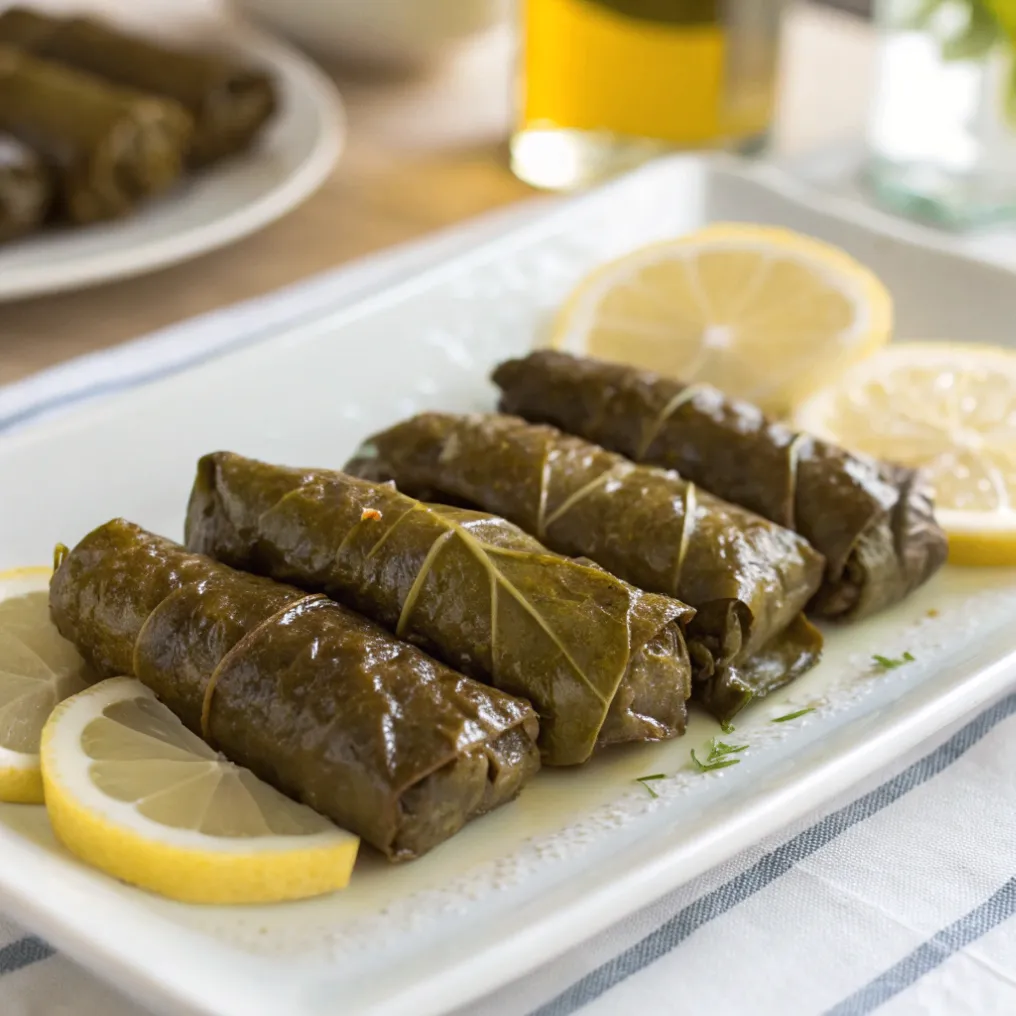 "Frisch zubereitete gefüllte Weinblätter mit Reis auf einem Teller, garniert mit Zitronenscheiben und frischen Kräutern"