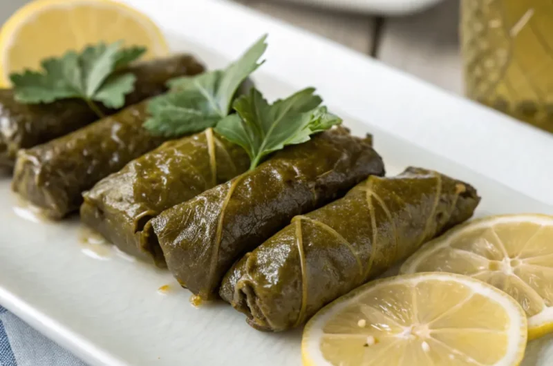 Frisch zubereitete gefüllte Weinblätter mit Reis auf einem Teller, garniert mit Zitronenscheiben und frischen Kräutern
