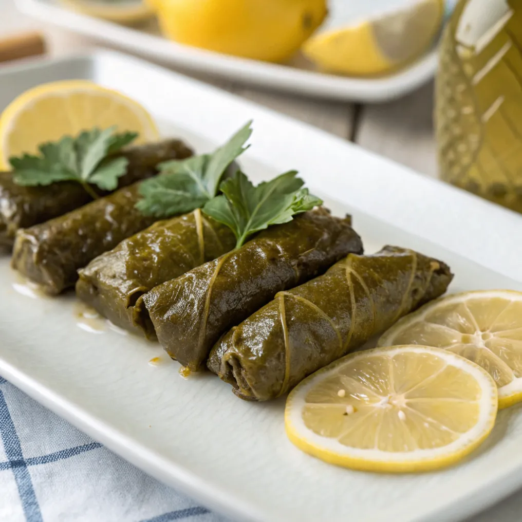 Frisch zubereitete gefüllte Weinblätter mit Reis auf einem Teller, garniert mit Zitronenscheiben und frischen Kräutern