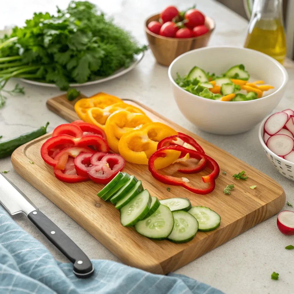 Frisch geschnittenes Gemüse für Blattsalat mit Joghurtdressing