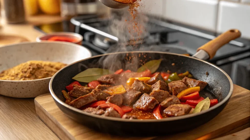 Paprikapulver, Lorbeerblatt und Kümmel über Gulasch in der Pfanne