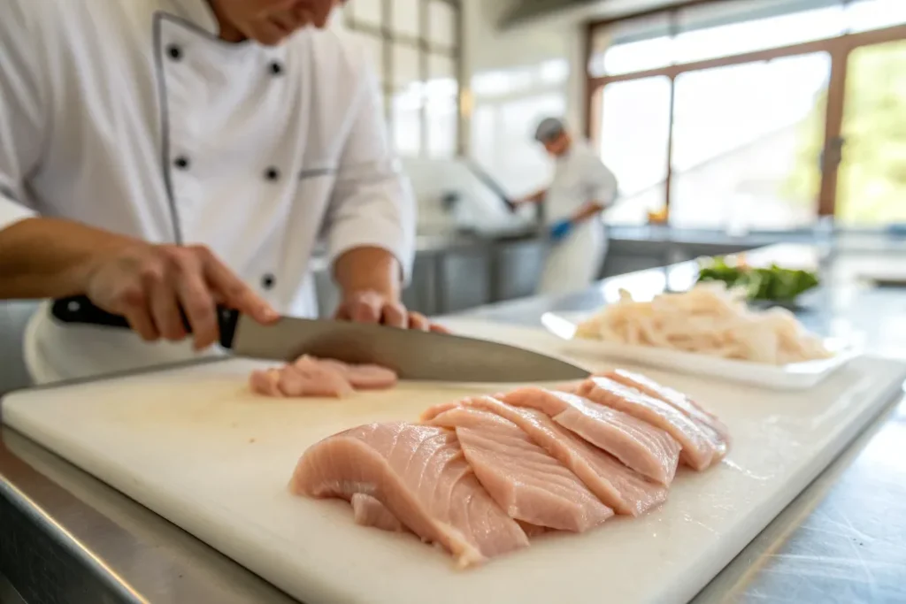 Hähnchenbrust in gleichmäßige Streifen schneiden