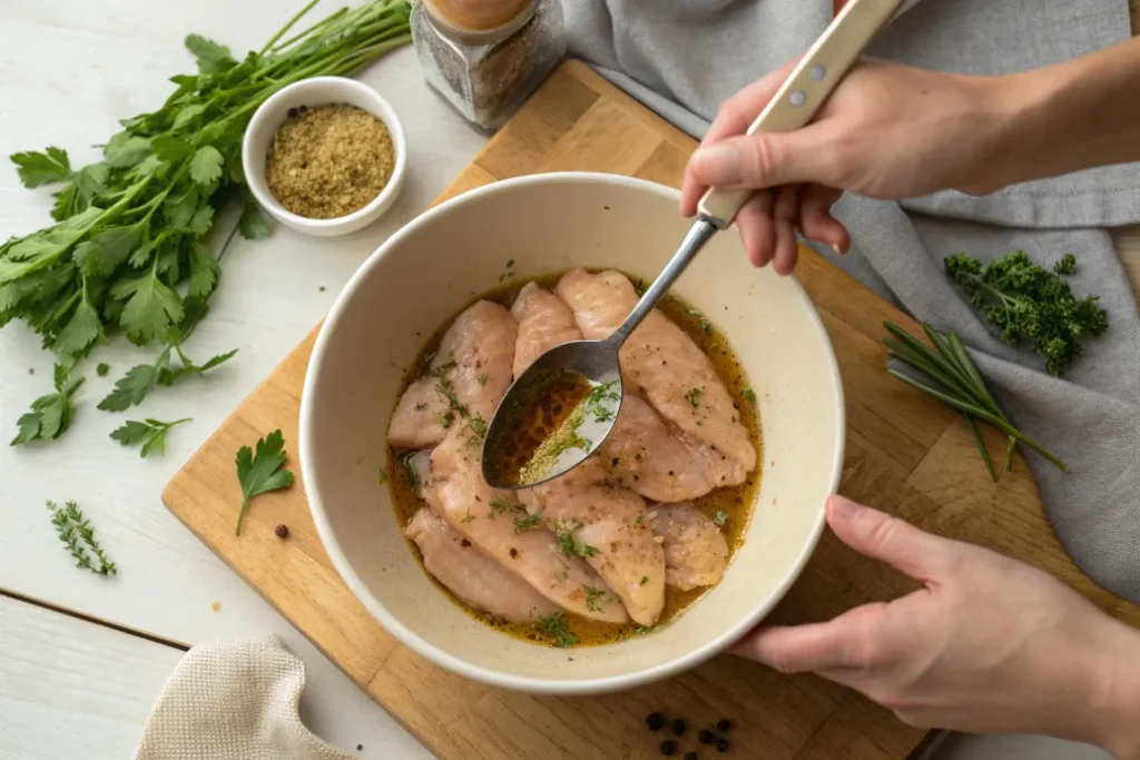 Die Hähnchenbruststreifen gleichmäßig mit der Marinade vermengen