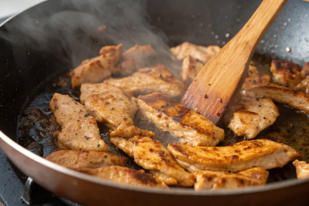 Die Hähnchenbruststreifen goldbraun braten
