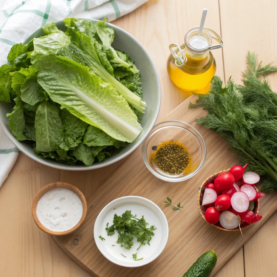 Frische Zutaten für Blattsalat mit Joghurtdressing: Kopfsalat, Rucola, Feldsalat, Gurke, Paprika, Radieschen, Naturjoghurt, Senf, Zitronensaft, Honig, Olivenöl und frische Kräuter