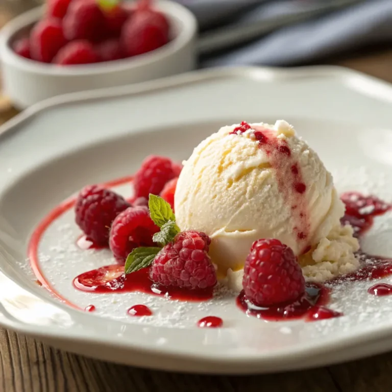 Heiße Himbeeren mit Vanilleeis serviert in einer Schüssel mit Minze und heißer Himbeersoße