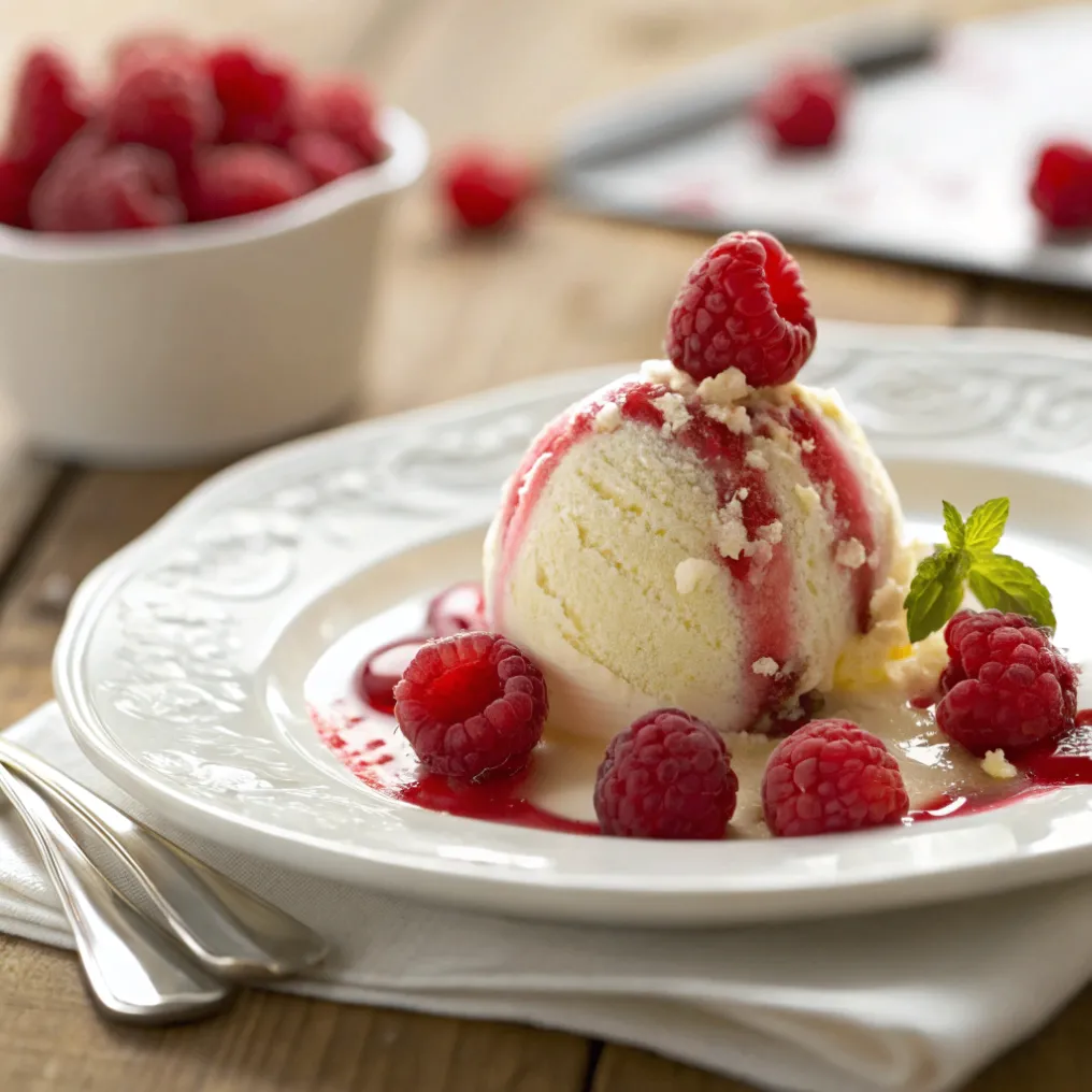 Heiße Himbeeren mit Vanilleeis serviert in einer Schüssel mit Minze und heißer Himbeersoße