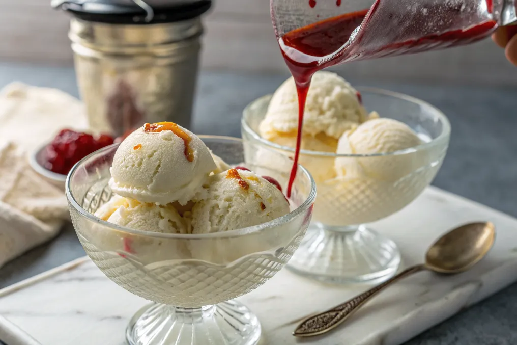 Der wichtigste Schritt: Die heißen Himbeeren werden direkt über das Vanilleeis gegeben, um den unverwechselbaren Kontrast von heiß und kalt bei Heiße Himbeeren mit Vanilleeis zu schaffen.
