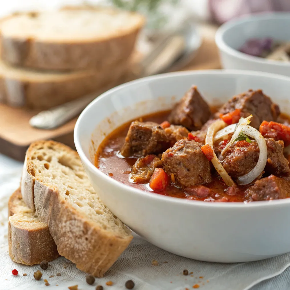 Klassisches Gulasch nach Omas in einem rustikalen Keramikschälchen mit Paprika und Rindfleisch
