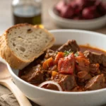 Klassisches Gulasch nach Omas in einem rustikalen Keramikschälchen mit Paprika und Rindfleisch