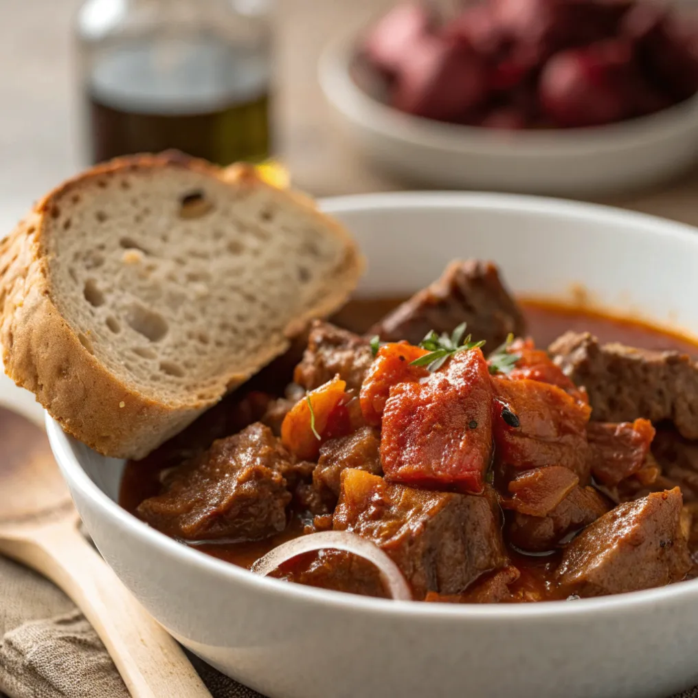 Klassisches Gulasch nach Omas in einem rustikalen Keramikschälchen mit Paprika und Rindfleisch