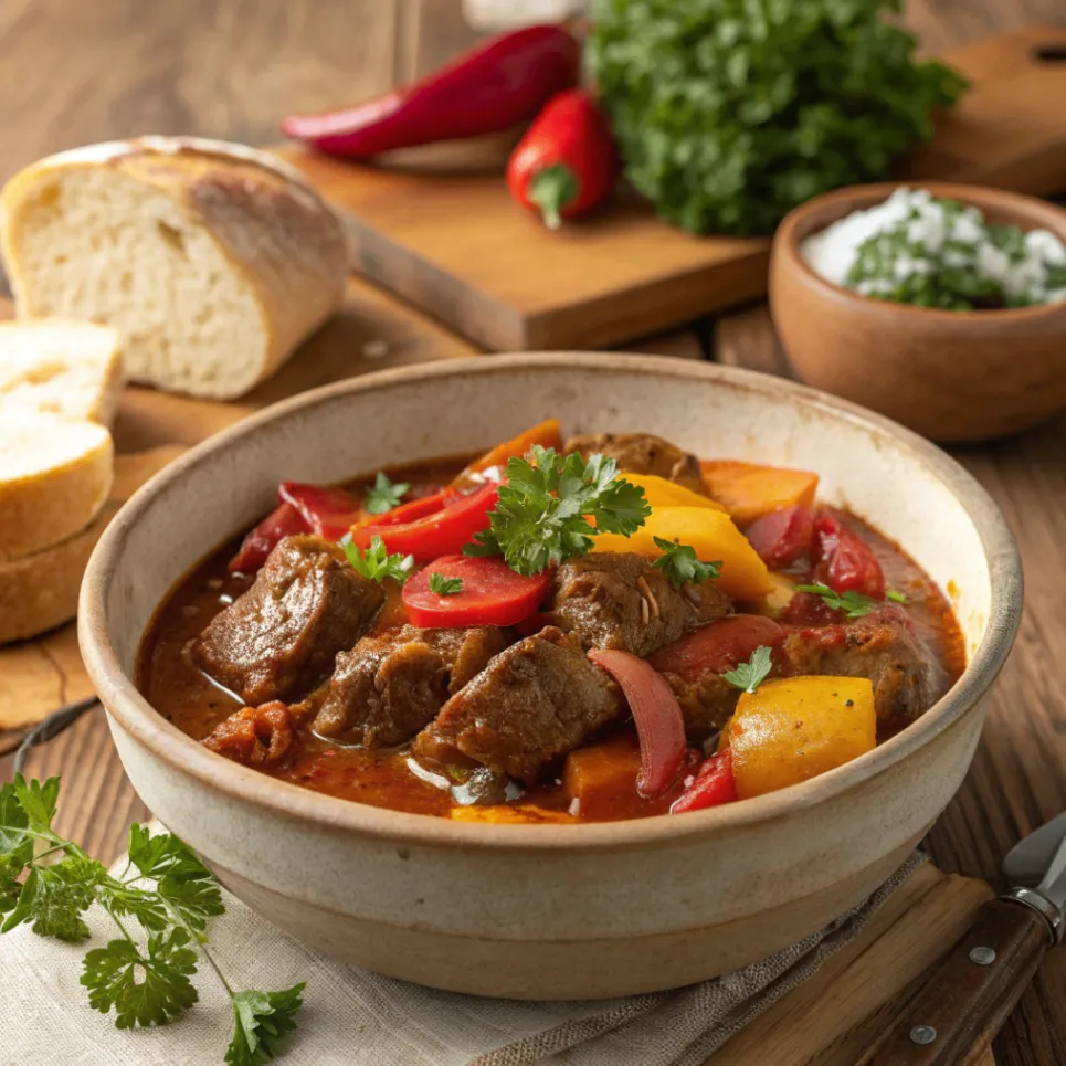 Klassisches Gulasch nach Omas in einem rustikalen Keramikschälchen mit Paprika und Rindfleisch