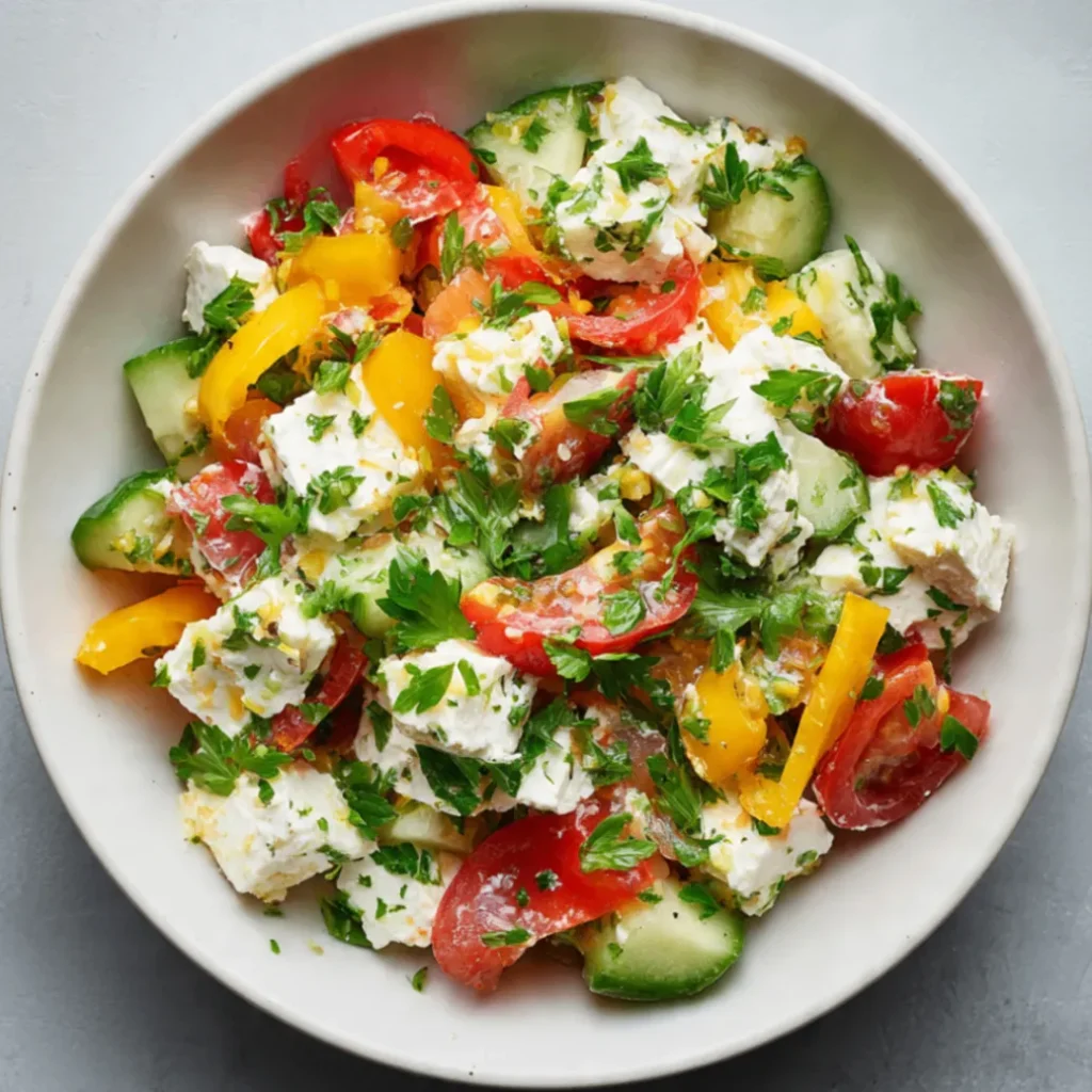 Hüttenkäse-Salat mit frischem Gemüse und cremigem Hüttenkäse in einer weißen Schüssel