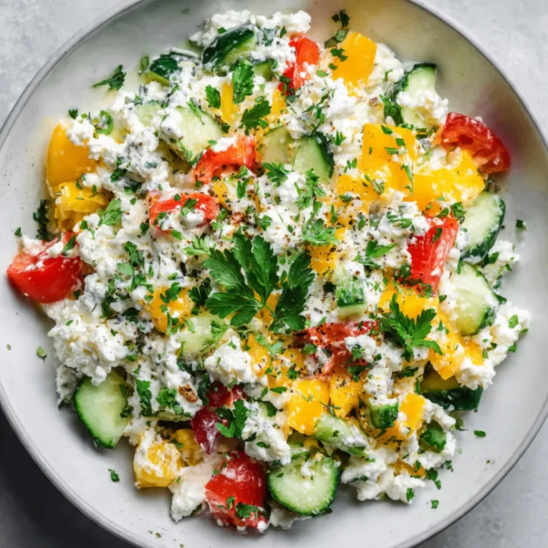 Hüttenkäse-Salat mit frischem Gemüse und cremigem Hüttenkäse in einer weißen Schüssel