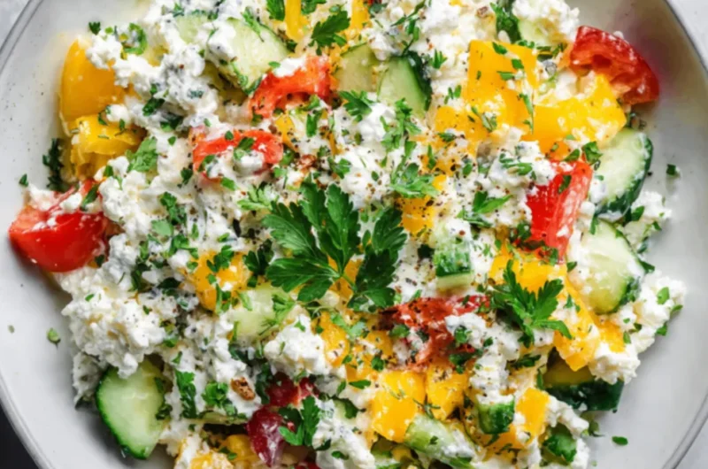 Hüttenkäse-Salat mit frischem Gemüse und cremigem Hüttenkäse in einer weißen Schüssel