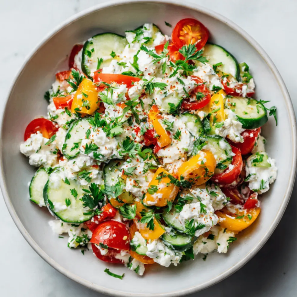 Hüttenkäse-Salat mit frischem Gemüse und cremigem Hüttenkäse in einer weißen Schüssel