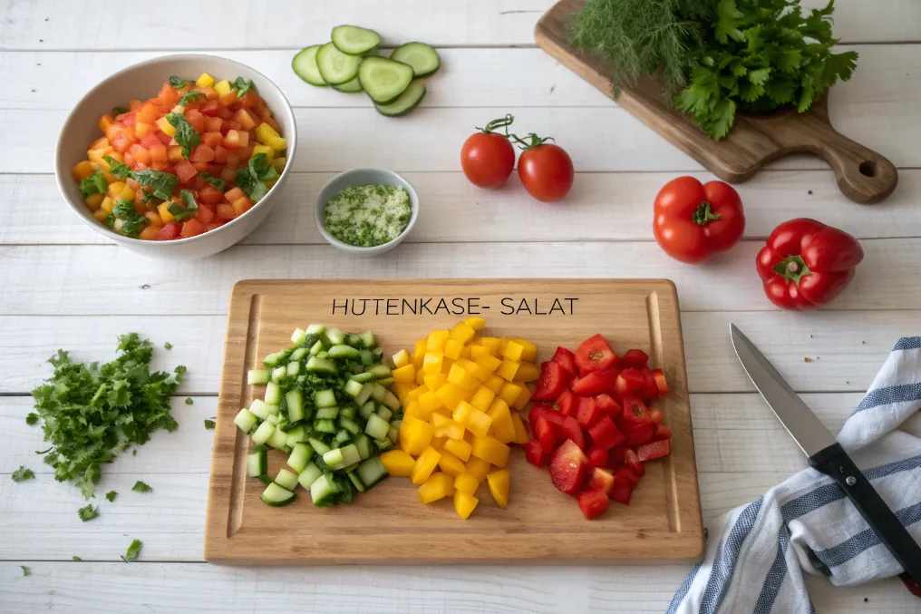 Geschnittene Gurken, Tomaten und Paprika für Hüttenkäse-Salat auf einem Brett