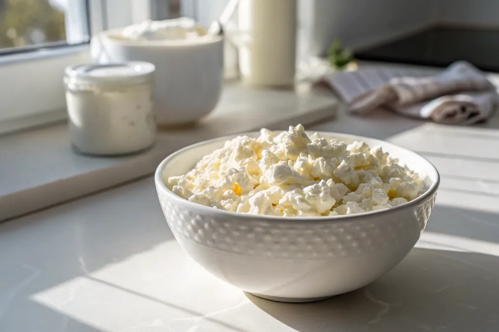 Weiße Schüssel mit cremigem Hüttenkäse für Hüttenkäse-Salat