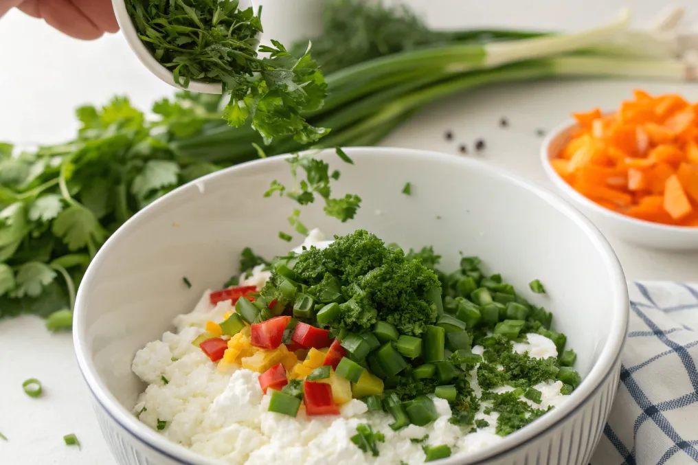 Frische Kräuter werden in den Hüttenkäse-Salat eingerührt