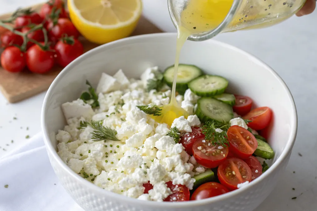 Hüttenkäse-Salat wird mit Zitronensaft verfeinert