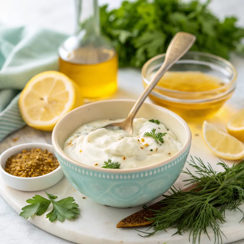 Cremiges Joghurtdressing aus Joghurt, Senf, Honig, Zitronensaft und Kräutern