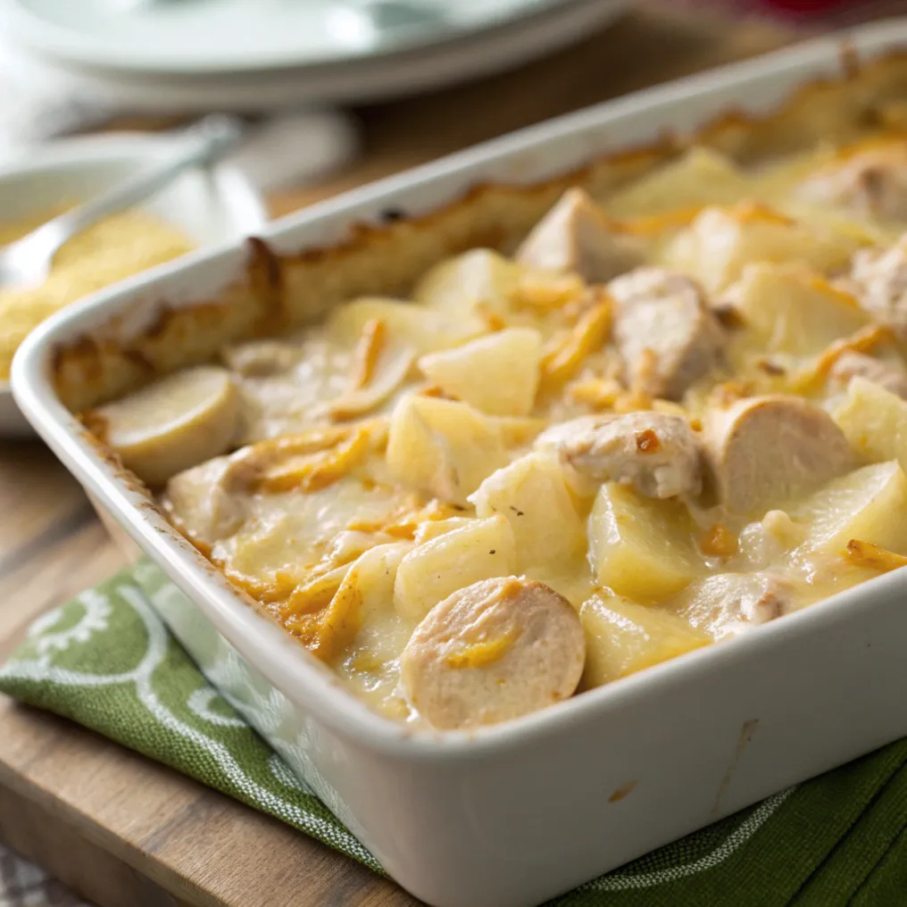 Kartoffeln Hähnchen Auflauf mit goldbraener Kaese Kruste in Auflaufform