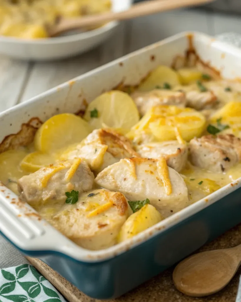 Kartoffeln Hähnchen Auflauf mit goldbraener Kaese Kruste in Auflaufform