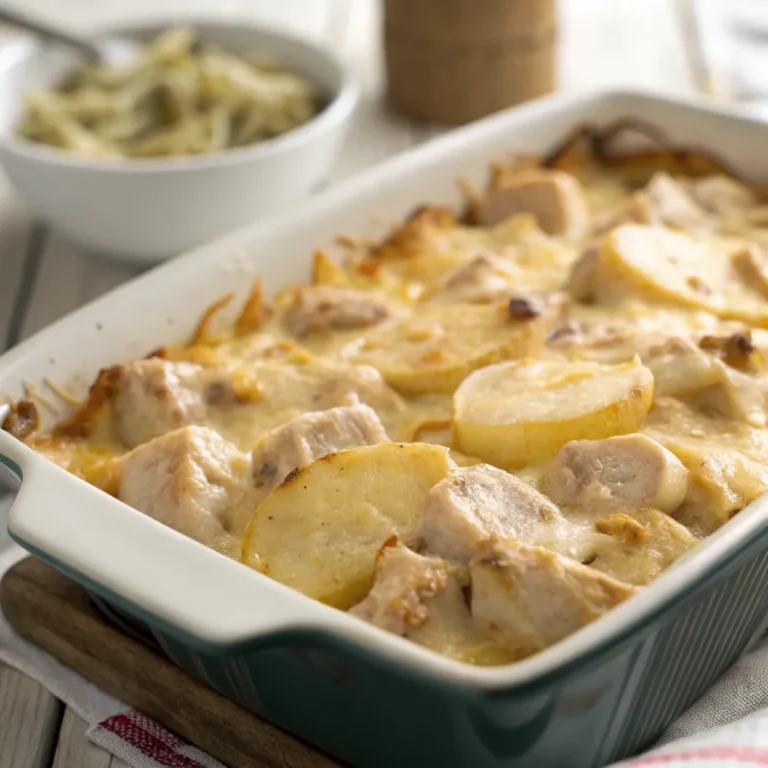 Kartoffeln Hähnchen Auflauf mit goldbraener Kaese Kruste in Auflaufform