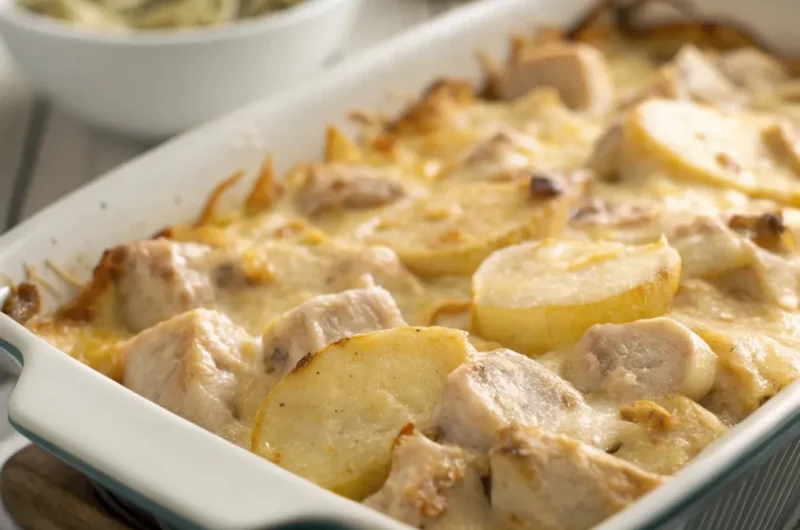 Kartoffeln Hähnchen Auflauf mit goldbraener Kaese Kruste in Auflaufform