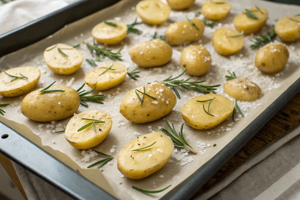 Marinierte Kartoffeln liegen gleichmäßig auf einem Backblech für Schnelle Rosmarinkartoffeln vom Blech