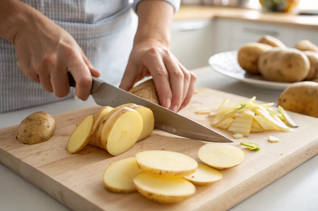 Person schneidet rohe Kartoffeln in dünne Scheiben für den Ofen