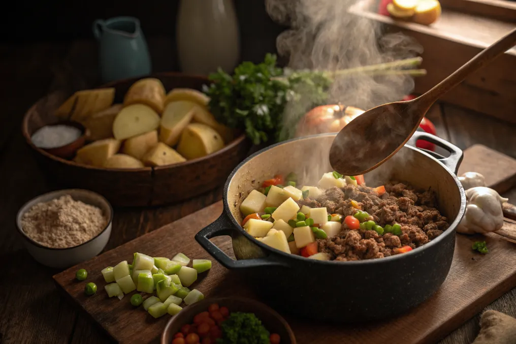 Gewürfelte Kartoffeln werden in den Topf für Räubertopf nach Omas gegeben