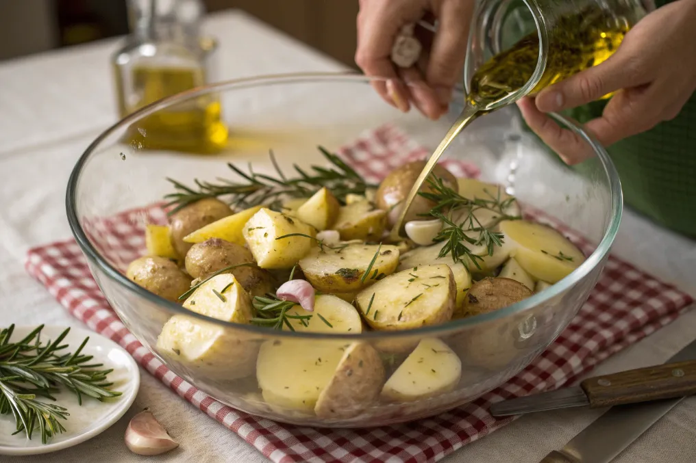 Kartoffeln werden in einer Schüssel mit Rosmarin und Öl für Schnelle Rosmarinkartoffeln vom Blech vermengt