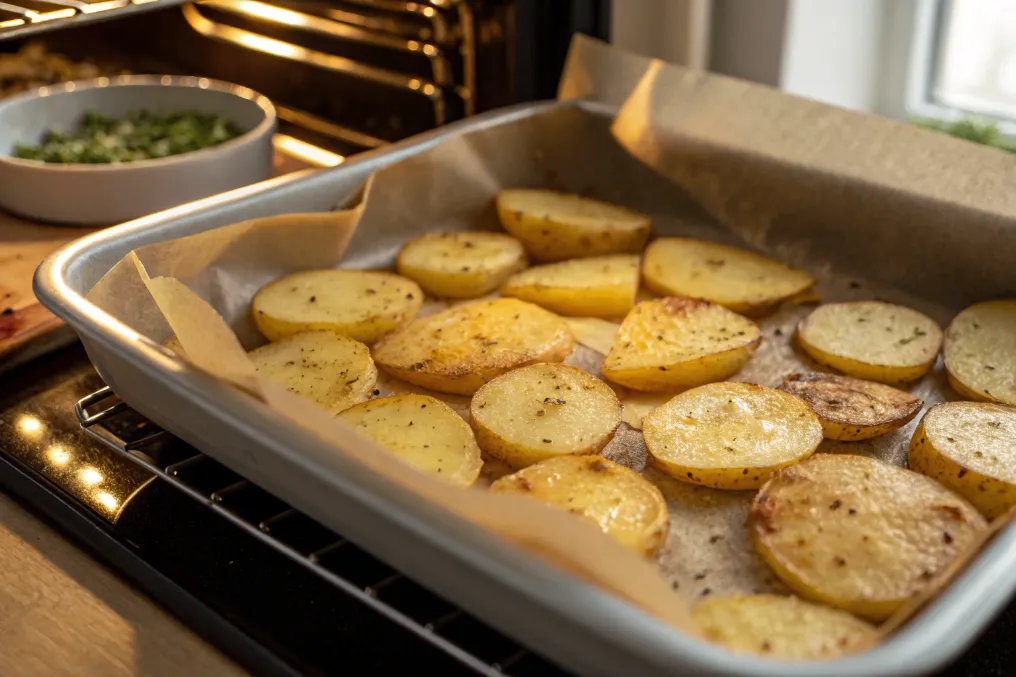 Goldbraune Kartoffelscheiben, die im Ofen knusprig gebacken werden
