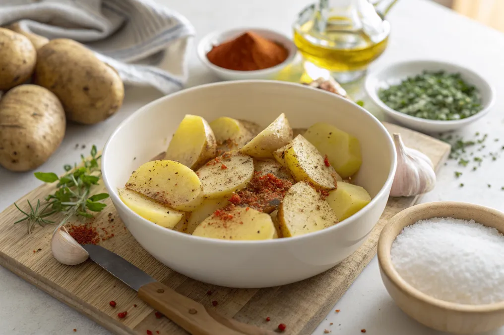Rohe Kartoffelscheiben in einer Schüssel mit Olivenöl und Gewürzen