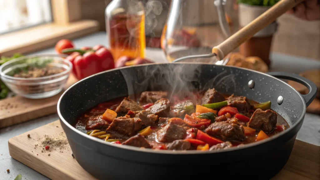 Das Gulasch wird bei niedriger Hitze langsam geschmort, damit sich die Aromen perfekt entfalten