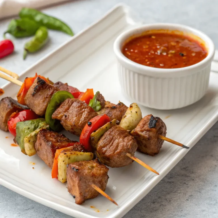 Saftiges klassisches Schaschlik mit würziger Soße, serviert mit Paprika und Reis auf rustikalem Teller