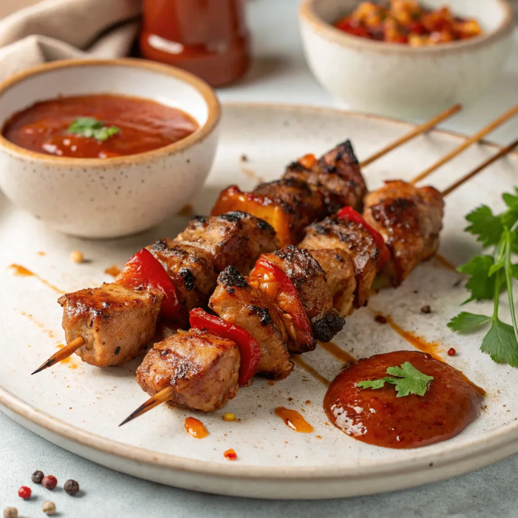 Saftiges klassisches Schaschlik mit würziger Soße, serviert mit Paprika und Reis auf rustikalem Teller
