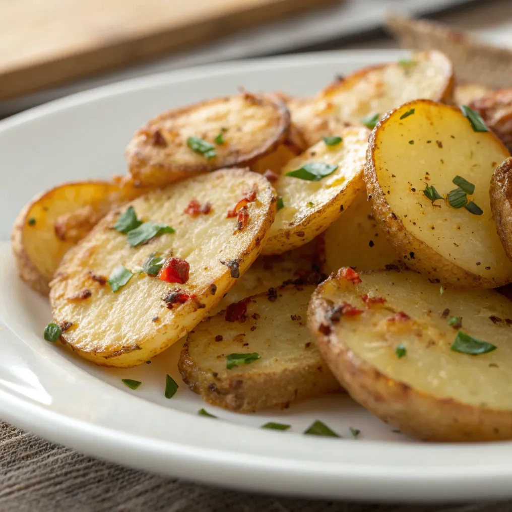 Rohe Kartoffeln zu knusprigen Kartoffelscheiben im Backofen, goldbraun und aromatisch