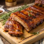 Knusprige Rippchen aus dem Backofen auf einem Holzbrett, goldbraun und saftig