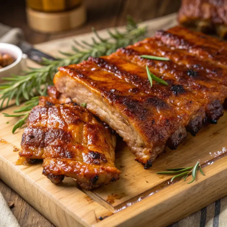 Knusprige Rippchen aus dem Backofen auf einem Holzbrett, goldbraun und saftig