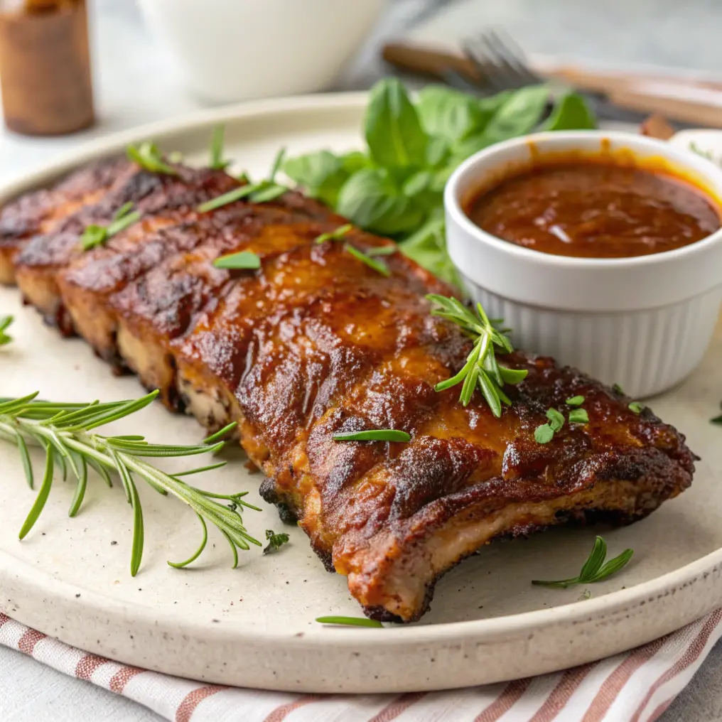 Knusprige Rippchen aus dem Backofen auf einem Holzbrett, goldbraun und saftig