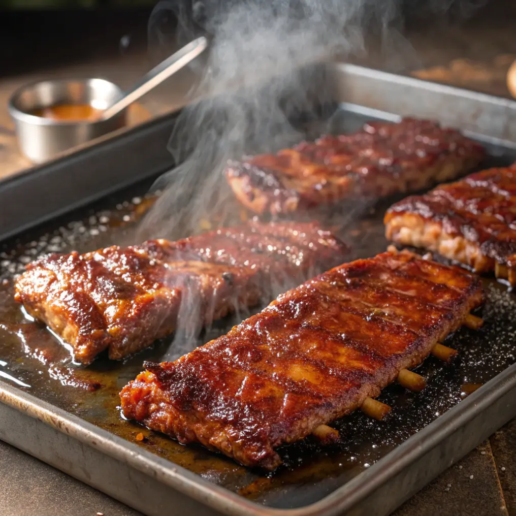 Knusprige Rippchen aus dem Backofen auf einem Holzbrett, goldbraun und saftig