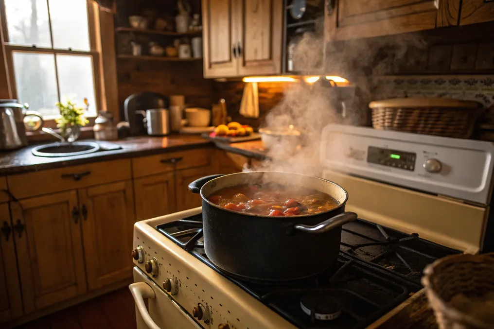 Räubertopf nach Omas köchelt im Topf auf dem Herd