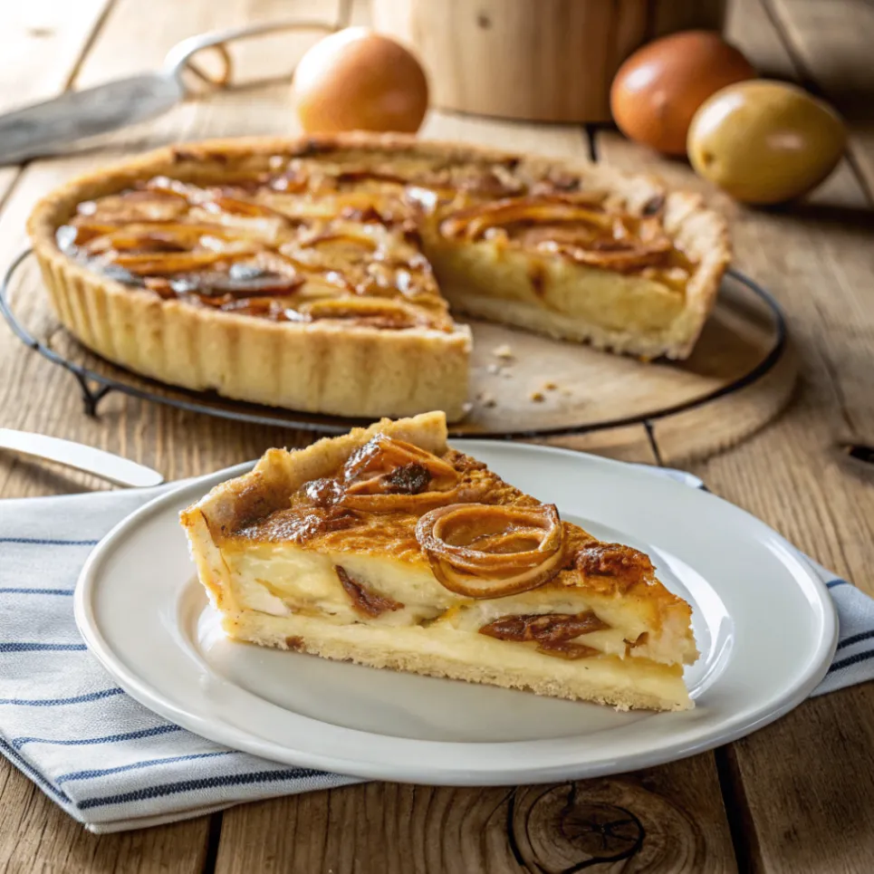 Frisch gebackener Landfrauen Zwiebelkuchen mit goldbrauner Oberfläche und cremiger Zwiebelfüllung auf einem rustikalen Holztisch.